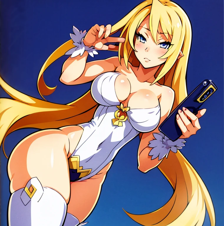 a woman in a lingerie taking a selfie with a cell phone, seductive anime girl, thicc, , (sfw) safe for work, blonde anime girl with long hair, beautiful alluring anime woman, marin kitagawa fanart, anime barbie in white stockings, anya from spy x family, realistic shaded perfect body, top rated on pixiv