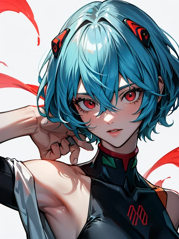 Soyjaks,4k,, High Definition, Obra maestra, absurdos, rei ayanami, red eyes, pelo entre los ojos, headgear, auriculares de interfaz, pelo azul,mono blanco,, fondo sencillo, pointing behind, 1 chica, solo