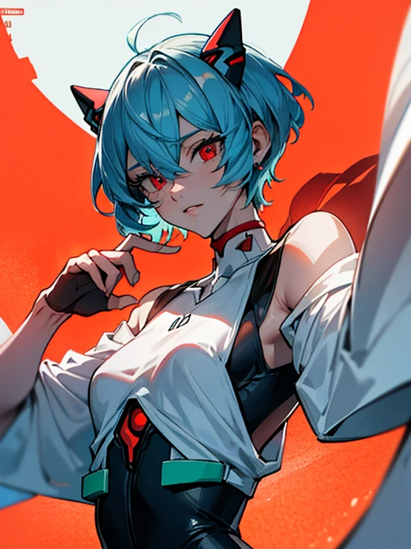 Soyjaks,4k,, High Definition, Obra maestra, absurdos, rei ayanami, red eyes, pelo entre los ojos, headgear, auriculares de interfaz, pelo azul,mono blanco,, fondo sencillo, pointing behind, 1 chica, solo