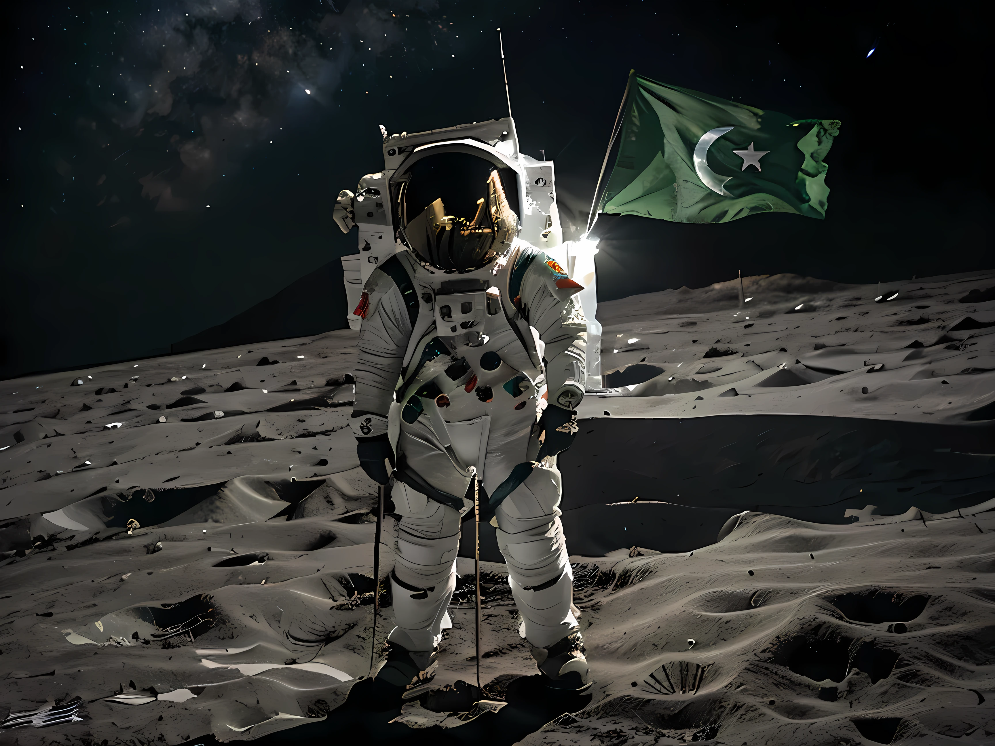 imagine pakistani astronaunt on moon, pakistan flag on moon, pakistani space suit, ultra realistic, 