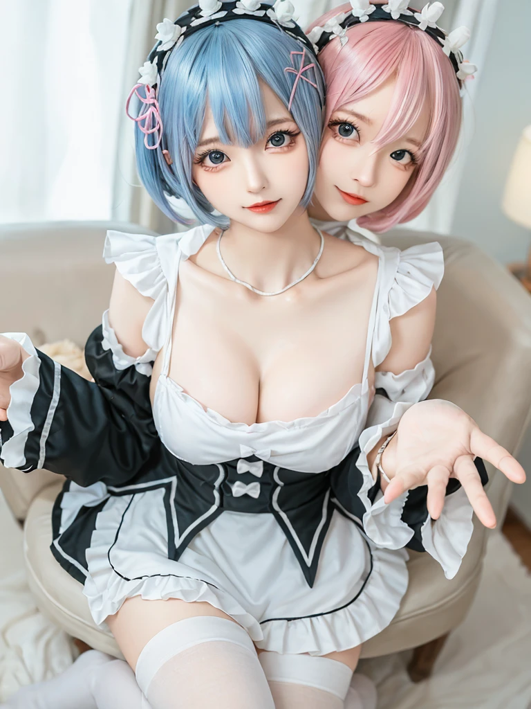 (8K, Photorealistic, Raw photo, of the highest quality: 1.3), (1girl in), Super beautiful, (Realistic face), (boyish, light blue Color Berry Shorthair),(8K, Photorealistic, Raw photo, of the highest quality: 1.3), (1girl in), Super beautiful, (Realistic face), (boyish, pink Color Berry Shorthair), Beautiful , Glare that captivates the viewer, Beautiful expression, Beautiful breasts, (Realistic skin), Be...Create a detailed and colorful image of Ram and Rem from Re:Zero, standing back-to-back in their maid outfits, with a magical fantasy background、14years old, two girls,cute, perfect face, beautiful, nice body, gothic ta clothes, gothic loliashion, frilly skirt, headdress, necklace, bracelet, knee-high socks, boots, double eyelids, tear bags, Detailed down to the fingers, photo-like description, indoors, dim indoor lighting, one girl is pink hair and short bob, another girl is light blue hair and short bob,standing, whole body, composition that shows the whole body, smiling,The Both of them are wearing the same type of maid outfit
