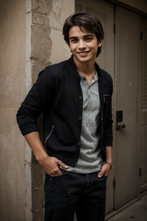 Hombre adolescente, rasgos finos, happy expression. Casual photography with clothes in dark tones.