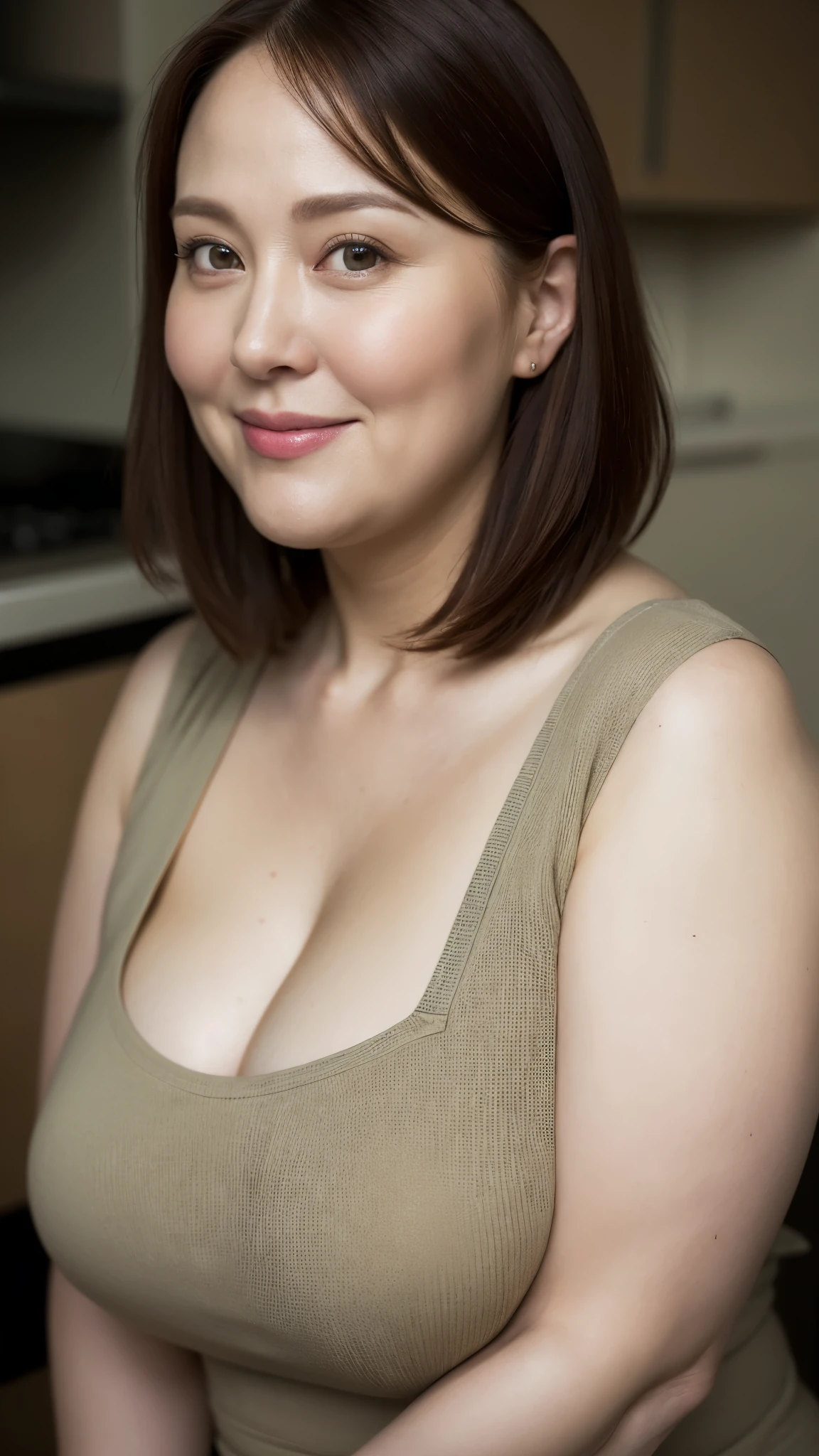 Nordic Face, Looks like Julianne Moore, Highly detailed CG Unity 8k wallpaper, top quality, super detailed, masterpiece, realistic, photo realistic, very detailed cute girl, 45 years old, ((chubby lady:1.3)) , (plump lady:1.3)  , large breasts , cleavage  ,  round eyes, viewer,  smile, parted lips, half body shot  , naked apron , kitchen  , bangs , shoot from the side