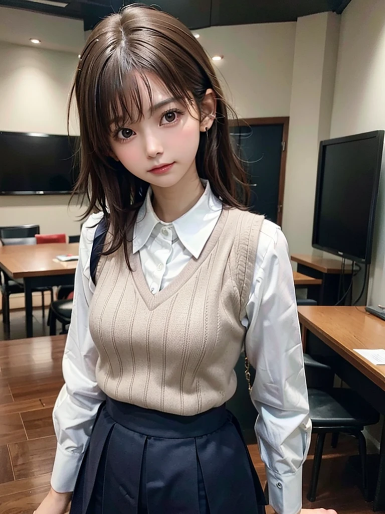Masterpiece, Top Quality, Top Mikoto, brown eyes, short hair, small breasts, looking at viewer, alone, closed mouth, collared shirt, beige knit vest, dark blue Skirt, school_uniform, shirt, white_shirt, classroom,Masterpiece, highest quality, 8K, detailed skin texture, fine cloth texture, beautiful detailed face, intricate details, super detailed,cute,cute posing,composition that shows the whole body,