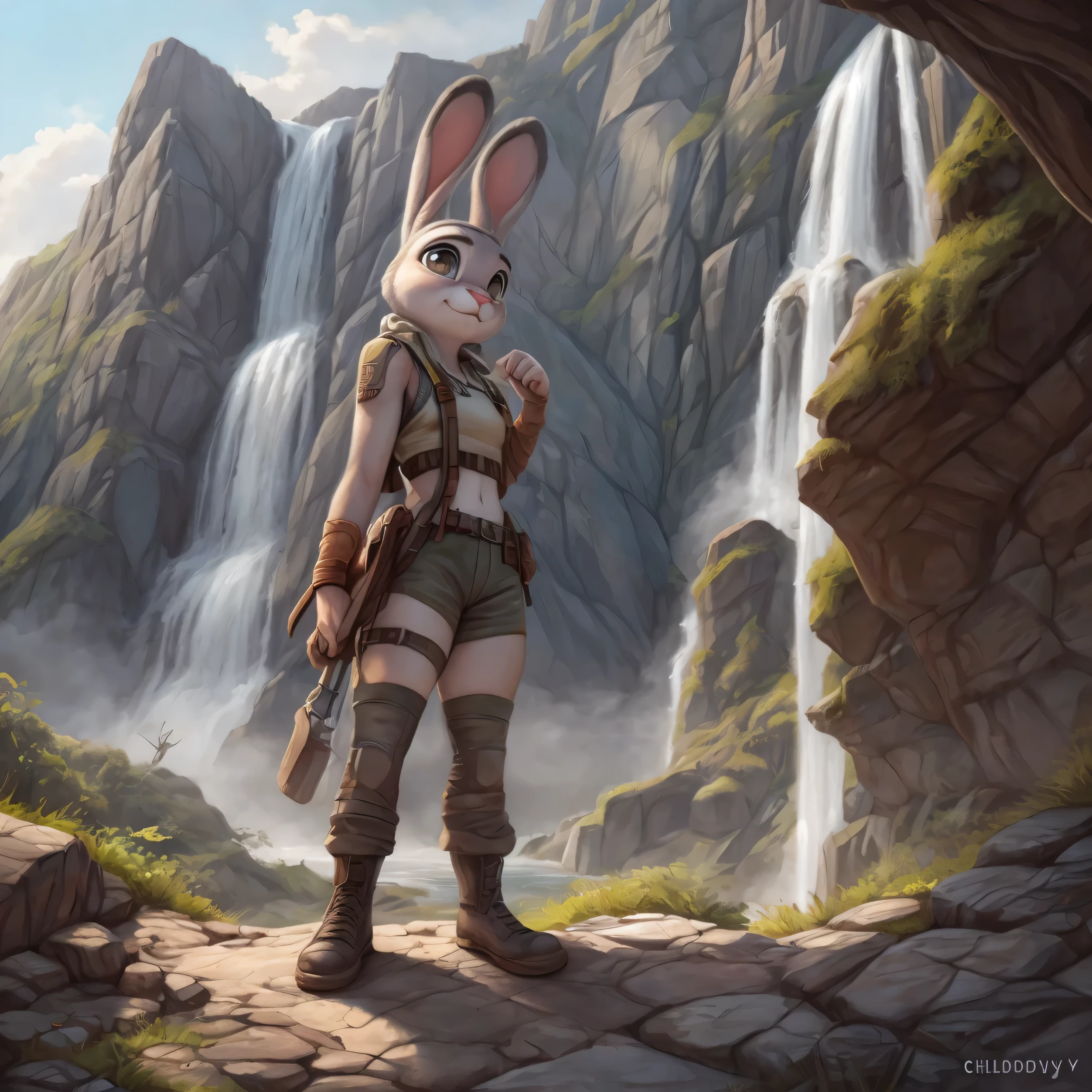 By chelodoy, Judy Hopps , young, Lara croft outfit, slightly fog, big mountain wall with waterfall and strings of wateron the background