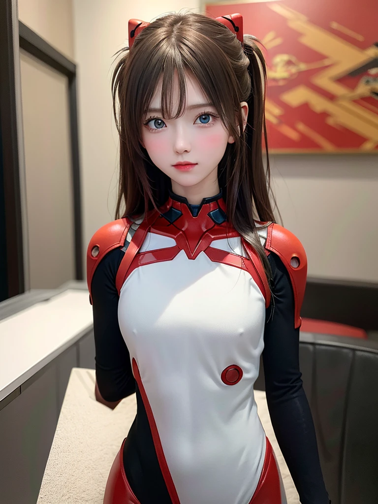 ((Best quality)), ((Masterpiece)), (Details: 1.4), 3D, Asuka Langley Soryu, Asuka, high resolution (high dynamic range), ray tracing, NVIDIA, super resolution, Unreal 5, subsurface scattering ,PBR texturing, post-processing, anisotropic filtering, depth of field, maximum sharpness and sharpness, multi-layered textures, albedo and specular maps, surface shading, accurate simulation of light and matter interaction, perfect proportions ,Octane Rendering,Two-Tone Lighting,Wide Aperture,Low ISO,White Balance,Rule of Thirds,8K RAW,(Masterpiece: 1.4, Best Quality), (Intricate Details), Unity8k Wallpaper, Highly Detailed, Beautiful and Mysterious, Details background, realistic, alone, perfectly detailed face, detailed blue eyes, highly detailed, blush, hair ornament, chignon mahogany hair, (blonde), plug suit 02, Shikinami Asuka Langley, Evangelion, Slender 15-year-old girl, full body suit, black background, above the waist,composition that shows the whole body,