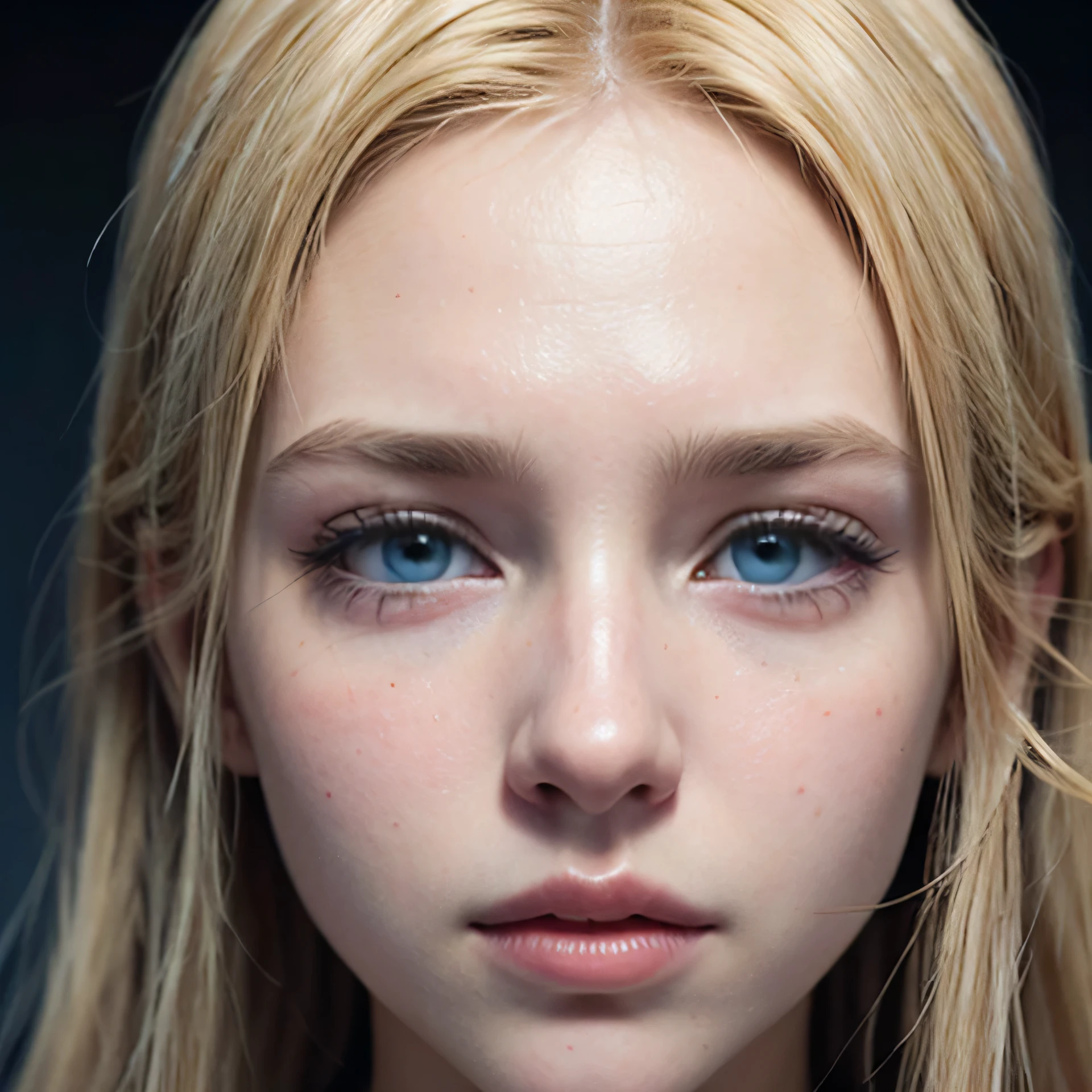 Boy With sea-colored eyes, dark blue, dilated pupils, navy blue, pink mouth, medium-sized lips, thin nose, with some spots on the face, white, smooth and thin skin, with the musculature of a mesomorph, blonde hair with yellow tips, wavy, medium for a man's hair, eyebrows in the same shade as the hair, many moles spread across the body in the shape of a constellation, fine features like an Asian, dark blue eyes slanted like a Japanese, dragon tattoo on left arm, tattoo color: red.