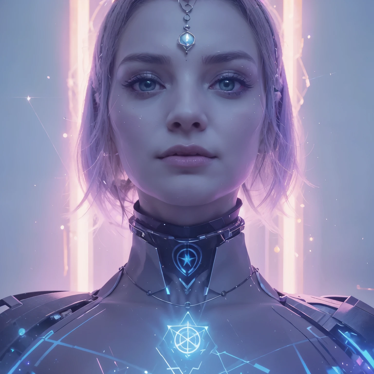depicts a modern-day witch who has embraced the world of cybernetics to enhance her magical abilities. The artwork should convey the enchanting blend of traditional witchcraft and futuristic technology. Here are some specific elements to include: The Witch's Lair: The setting should be a cozy yet slightly eerie room, filled with magical books, crystal balls, potion ingredients, and antique furnishings. The room should be dimly lit by candles and a soft, mystical glow emanating from her cybernetic enhancements. The Cyborg Witch: The central focus of the artwork is the witch herself. She's a striking figure with a mix of traditional witch attire and cybernetic enhancements. Her clothing should have a witchy, occult aesthetic, with flowing robes, a pointed hat, and an intricate pentagram necklace. Her arms, however, have been upgraded with cybernetic components that incorporate magical symbols and glowing runes. Magical Interface: The witch is in the midst of casting a spell, with a holographic, touch-screen interface floating before her. This interface includes spell incantations, arcane symbols, and digital components, demonstrating her fusion of magic and technology. Spell Ingredients: On a nearby table, there should be a collection of spell ingredients, like herbs, potions, and magical artifacts. Some of these items may have been modified with cybernetic enhancements, blurring the line between the natural and the technological. Familiar: The witch's familiar, perhaps a cat or raven, should be present in the scene, serving as her magical companion. The familiar could also have subtle cybernetic enhancements or glowing eyes. Glowing Runes: The room should be adorned with ancient symbols and glowing runes on the walls and floor, contributing to the magical atmosphere. Aetherial Lighting: Use a combination of mystical, ethereal lighting and cybernetic glows to create a captivating interplay of light and shadow. The contrast between the tradit