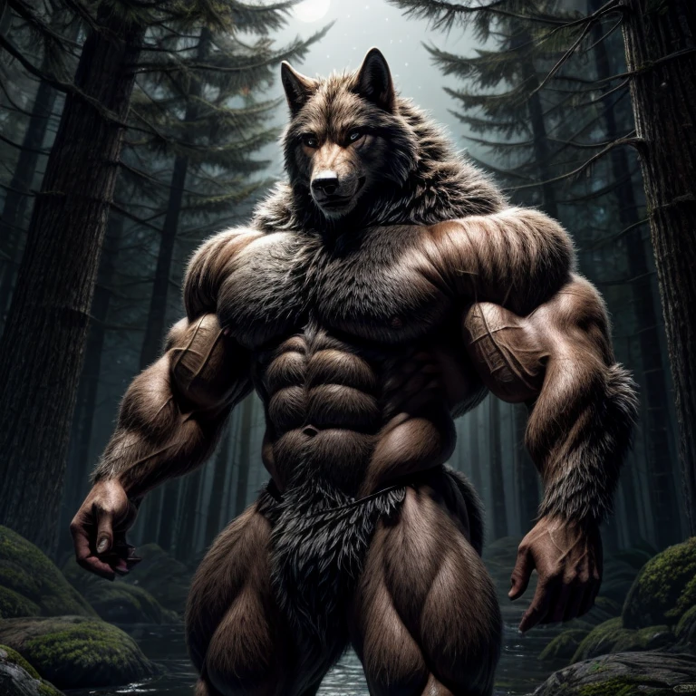 (Estilo arte mais realista)Make a furry werewolf with completely black fur plus realistic furry hands with blue pupils of a common wolf without glowing, com musculos super enormes, pernas musculosas, muscular arms with defined abdomen and large chest well detailed and hottest inside a forest at night doing attractive bodybuilder pose from the side showing the muscles with an attractive look looking at the viewer, totally now, full HD alta qualidade, Lua cheia