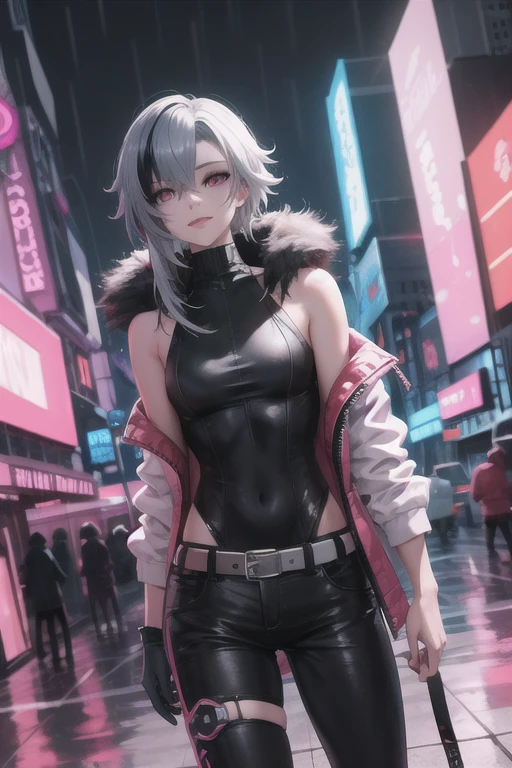 One girl, alone, city Light, (cyber punk, cyber punk style), From the side,
Clown(Genshin Impact), x-shaped pupils, black eyes, Red pupils, Gray Hair, black streaks, Striped Hair,
eyelashes, eye_liner, black pants, White shorts,
bangs, chest, Exposing shoulders, belt, Knee strap,
Fur trim, White jacket, Open jacket, black_leotard, sleeveless turtleneck leotard, turtleneck leotard kneehighs, Shiny, Shiny,
Holding a knife, smile,
SF, reflection, View your viewers,
Realistic,
photoRealistic, cyber punk city, (night, night city, dark), cyber punk Light, street, Skyscraper,(neon Light, bright_Light, pink_Light, neon Light in background:1.3), rainy, rain, 雷rain, lightning,, Strange atmosphere, (highest quality:1.1), (masterpiece:1.2), High Quality Shadows, Beautiful details, (Skin with attention to detail, Skin Details), (wide_landscape, 8k), Beautiful Face, detailed eyes, Depth of written boundary, Dramatic Light, highest quality, High resolution, Best Shadow, Best lighting,