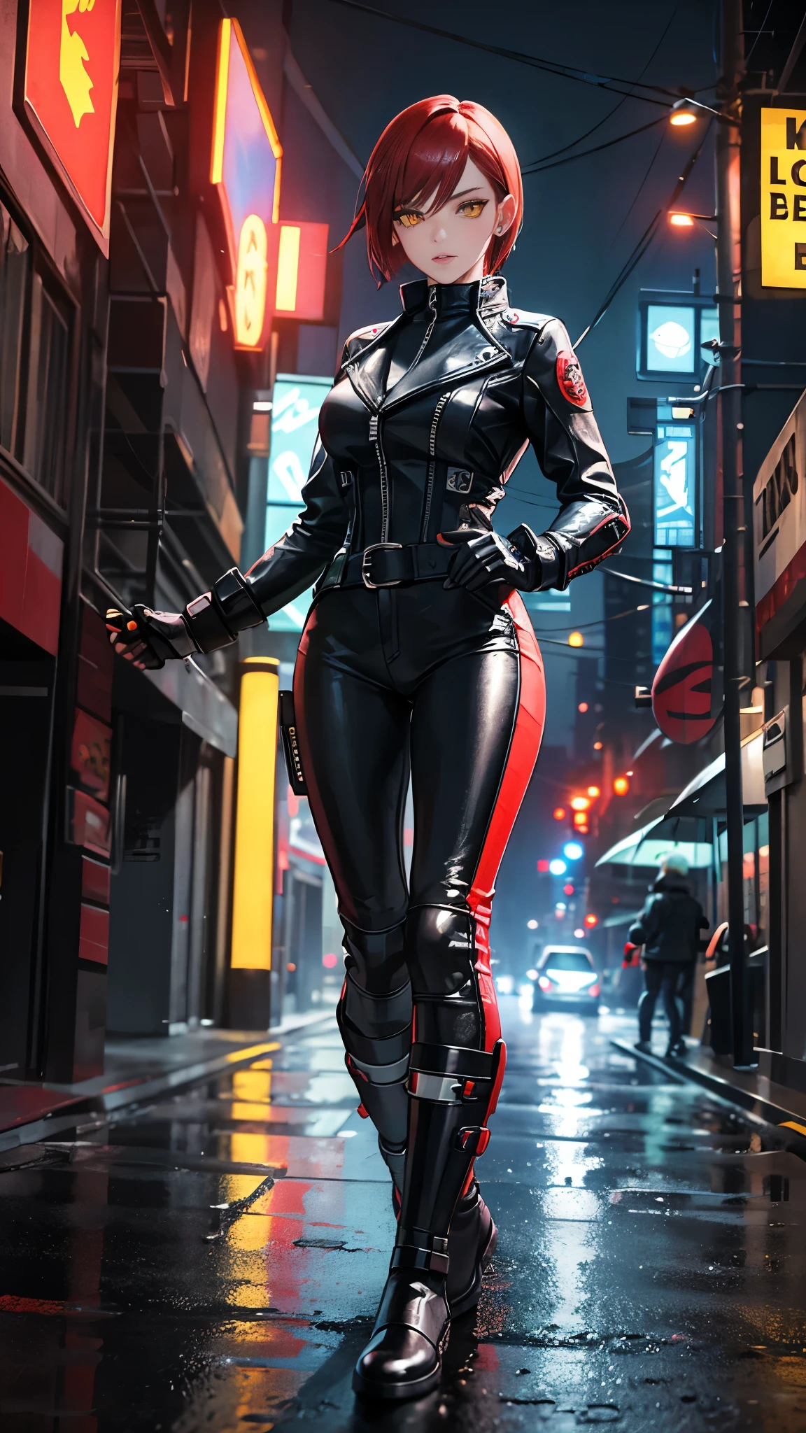 biker Rocker girl, motorcycle, Leather garment, Short hair, yellow glowing eyes, Dark colors, leather waist, ultra detailed face, long eyelashes, skinny, Cyberpunk, Neon lights, Red hair, long boots, tightsuit, Night, the city street, mitts, rain