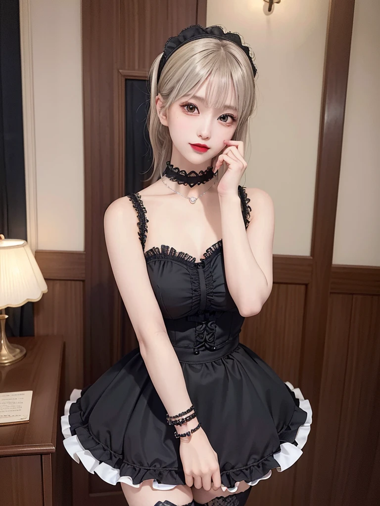 (8K, Photorealistic, Raw photo, of the highest quality: 1.3), (1girl in), Super beautiful, (Realistic face), (boyish, Silver Color Berry Shorthair), Beautiful , Glare that captivates the viewer, Beautiful expression, Beautiful breasts, (Realistic skin), Be...Super high quality, super high definition, super detailed, masterpiece, 20years old, female, cute, perfect face, beautiful, gothic lolita clothes, gothic lolita fashion, frilly skirt, headdress, necklace, bracelet, knee-high socks, boots, double eyelids, tear bags, Detailed down to the fingers, photo-like description, indoors, dim indoor lighting, blonde hair, pony tail, standing, whole body, composition that shows the whole body, smiling,Optimal ratio of 4 fingers and 1 thumb