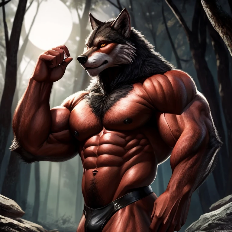 (Estilo arte mais realista)Make a furry werewolf body covered in black fur with red details with pupils of a common wolf with the color red without shining, com musculos super enormes, pernas musculosas, muscular arms with defined abdomen and large chest well detailed and hottest inside a forest at night doing attractive bodybuilder pose from the side showing the muscles with an attractive look looking at the viewer, totally now, full HD alta qualidade, Lua cheia
