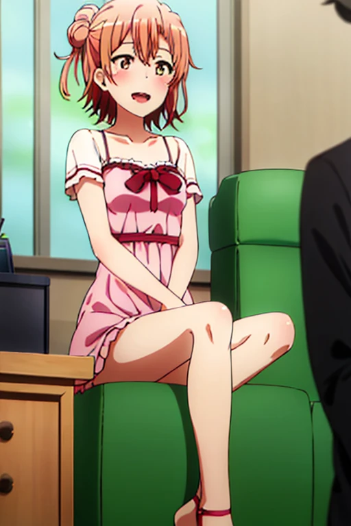((highest quality)), ((masterpiece)), (be familiar with), Perfect Face, indoor, Bedroom, Watching the audience,
One woman, Yuigahama Yui,
Open Mouth, Ecstatic expression, blush, smile,
Small breasts, Flat Chest, Young Girl, , , Girl,
Short Hair, Salmon-colored hair, Salmon-colored eyes, Side Pony,
Leg spread,
