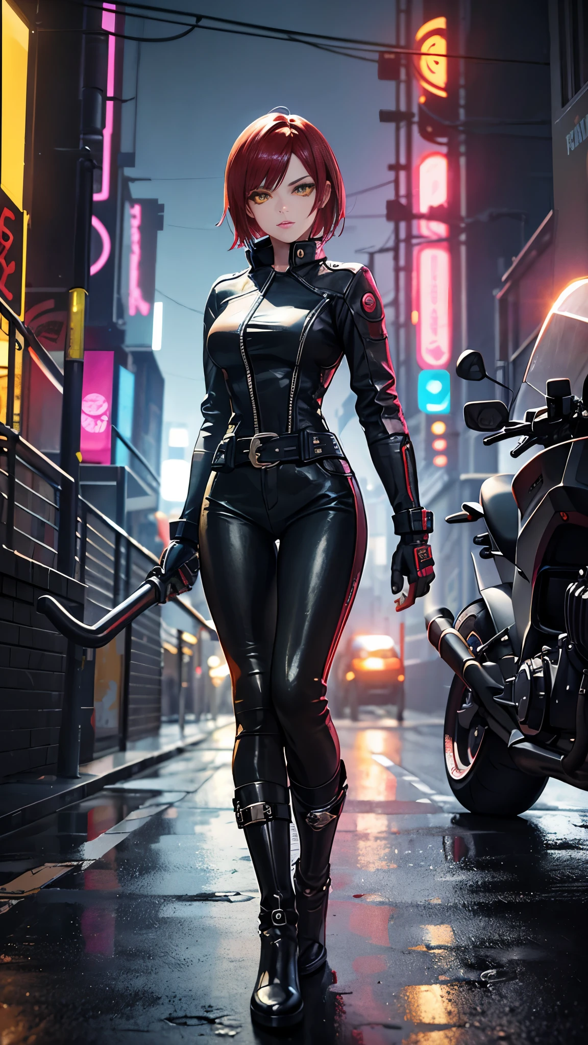 biker Rocker girl, motorcycle, Leather garment, Short hair, yellow glowing eyes, Dark colors, leather waist, ultra detailed face, long eyelashes, skinny, Cyberpunk, Neon lights, Red hair, long boots, tightsuit, Night, the city street, mitts, rain