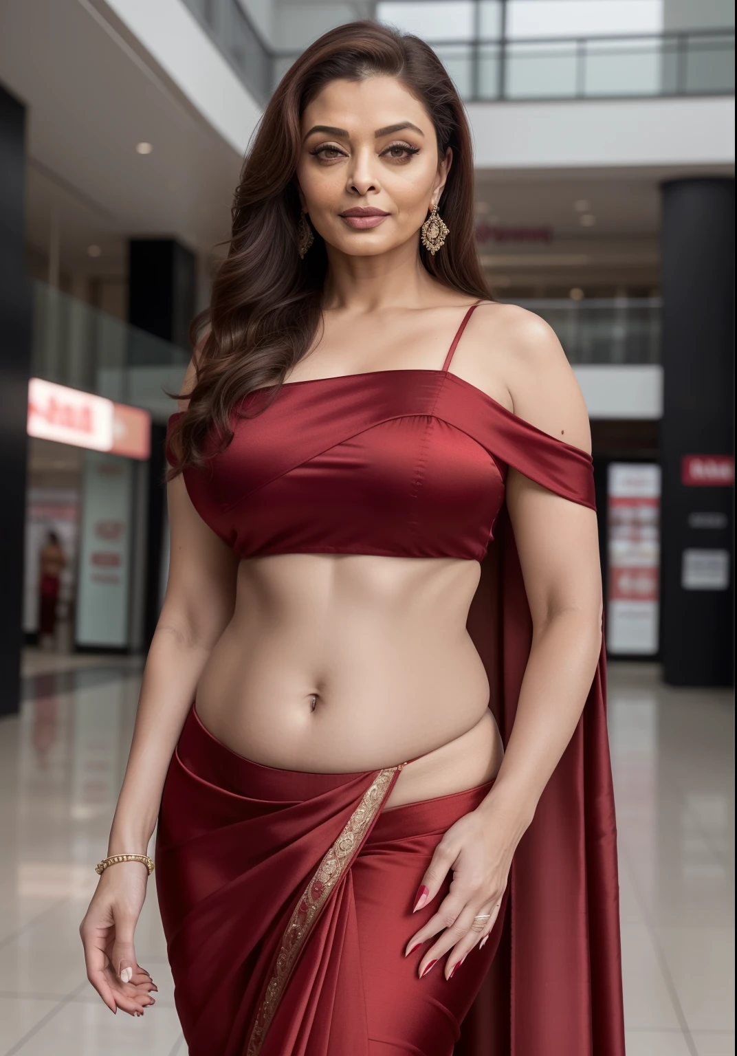 50yo mature MILF Aishwarya Rai as SUPER MODEL, wearing red plain satin saree with string blouse, belly and navel showing, ponytail hair, mature athletic curvaceous milf body, ((posing in shopping mall)), hourglass milf figure, medium breasts, (((seductive expression))) on her face, look straight at camera and ((wink)), soft volumetric lights, intricate details, (ArtStation:1.2)
