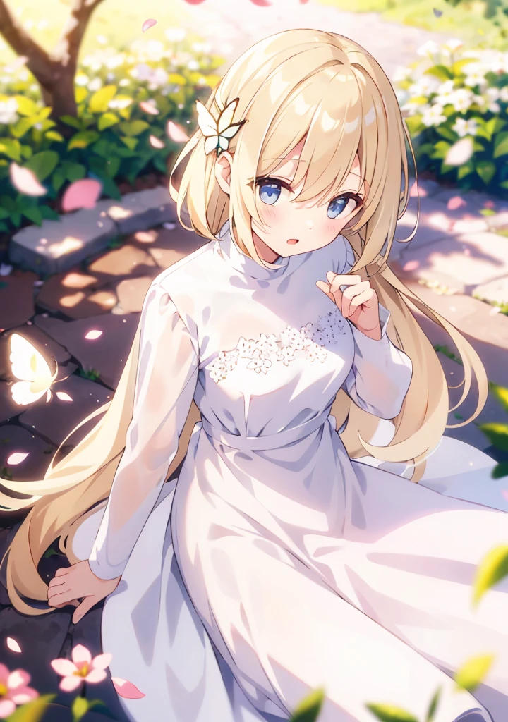 ((solo:1.2)), Woman, light blonde hair, short white dress White flower crown, like an angel, cute,(dappled sunlight:1.2),blurry,(depth of field:1.1),:o,(petals), flowers, butterfly