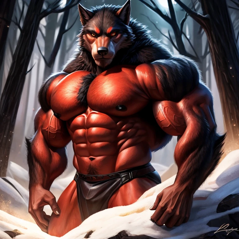 (Estilo arte mais realista)Make a furry werewolf body covered in black fur, com detalhes vermelhos com pupilas de um lobo comum com a cor vermelha sem brilhar, com musculos super enormes, pernas musculosas, muscular arms with defined abdomen and large chest well detailed and hottest inside a forest at night doing attractive bodybuilder pose from the side showing the muscles with an attractive look looking at the viewer, totally now, full HD alta qualidade, Lua cheia