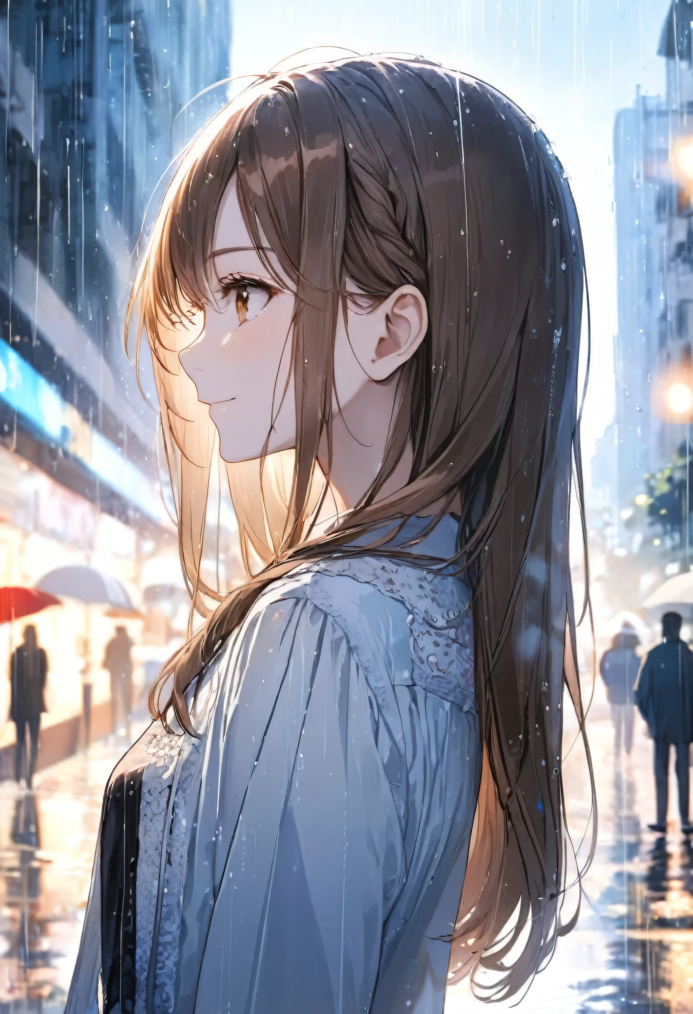 One girl, profile, When you look to the side,  Depth of written boundary, Long Hair, French Braid, Straight hair, Portraiture, Modern City, blouse, Brown Hair, Gaze Here、smile, rain, raindrop, Lens flare, sunlight, eyeliner, eye shadow, masterpiece, highest quality