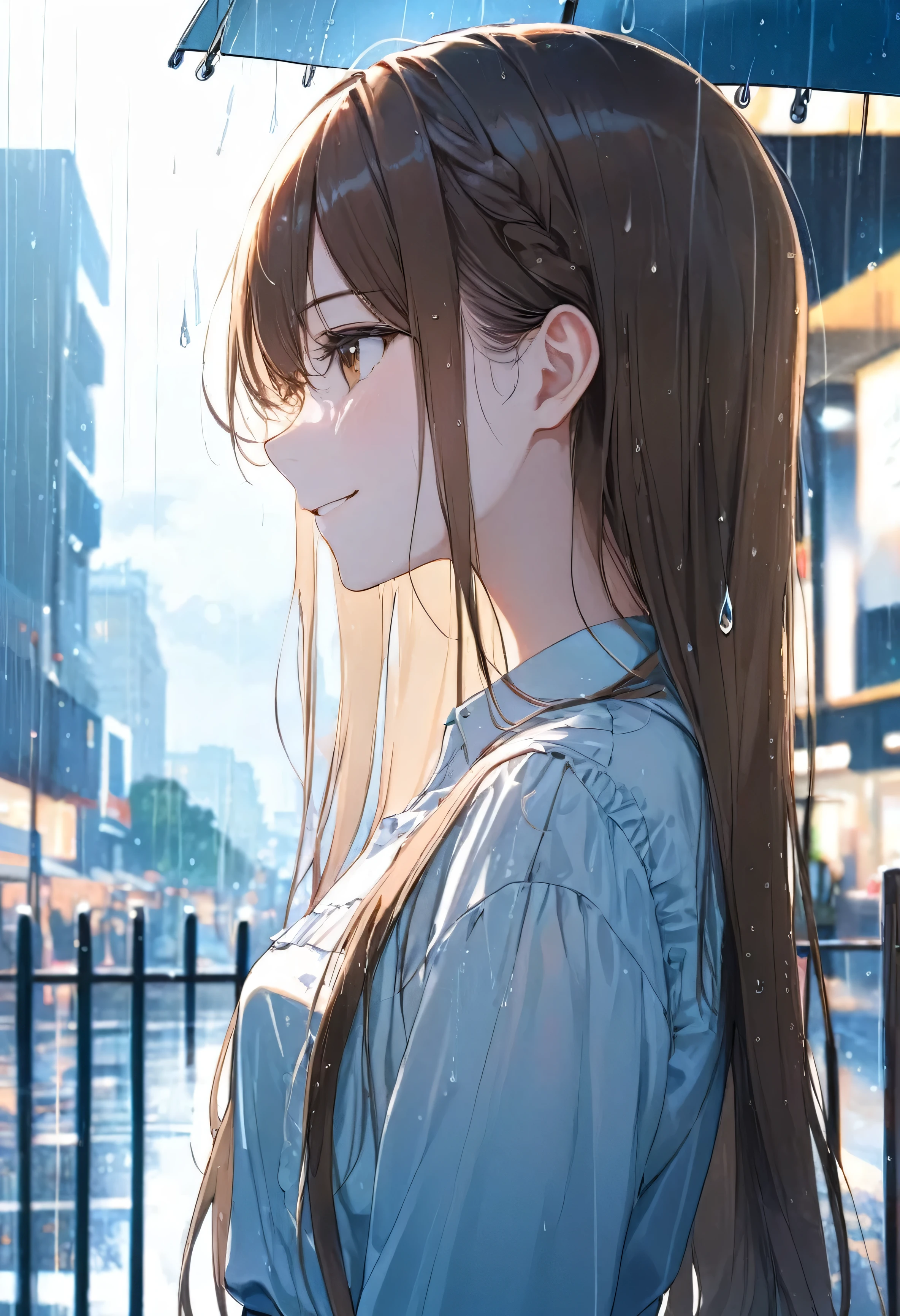 One girl, profile, When you look to the side, Depth of written boundary, Long Hair, French Braid, Straight hair, Portraiture, Modern City, blouse, Brown Hair, Gaze Here、smile, rain, raindrop, Lens flare, sunlight, eyeliner, eye shadow, masterpiece, highest quality