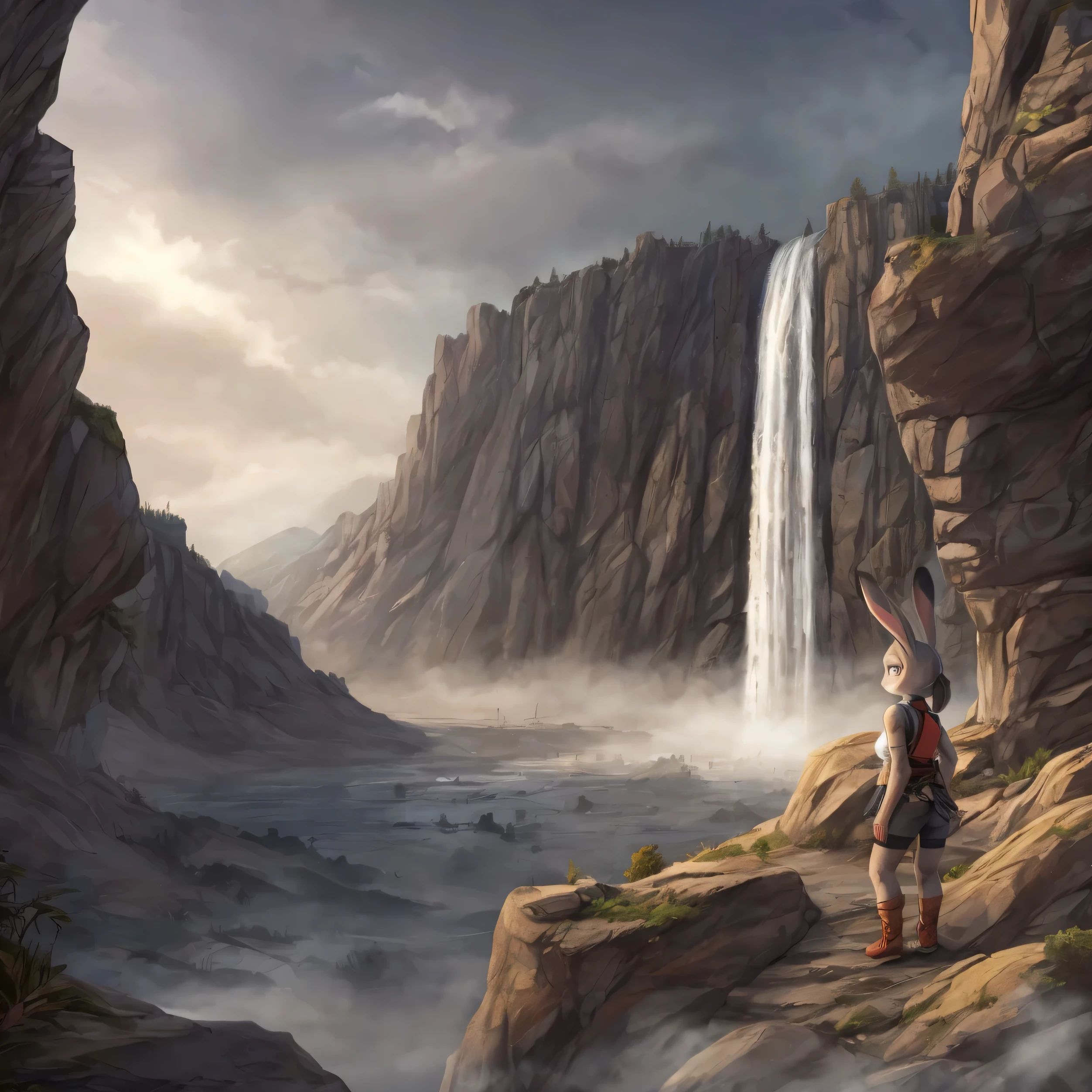 Judy Hopps , young, Lara croft outfit, slightly fog, big mountain wall with waterfall and strings of wateron the background