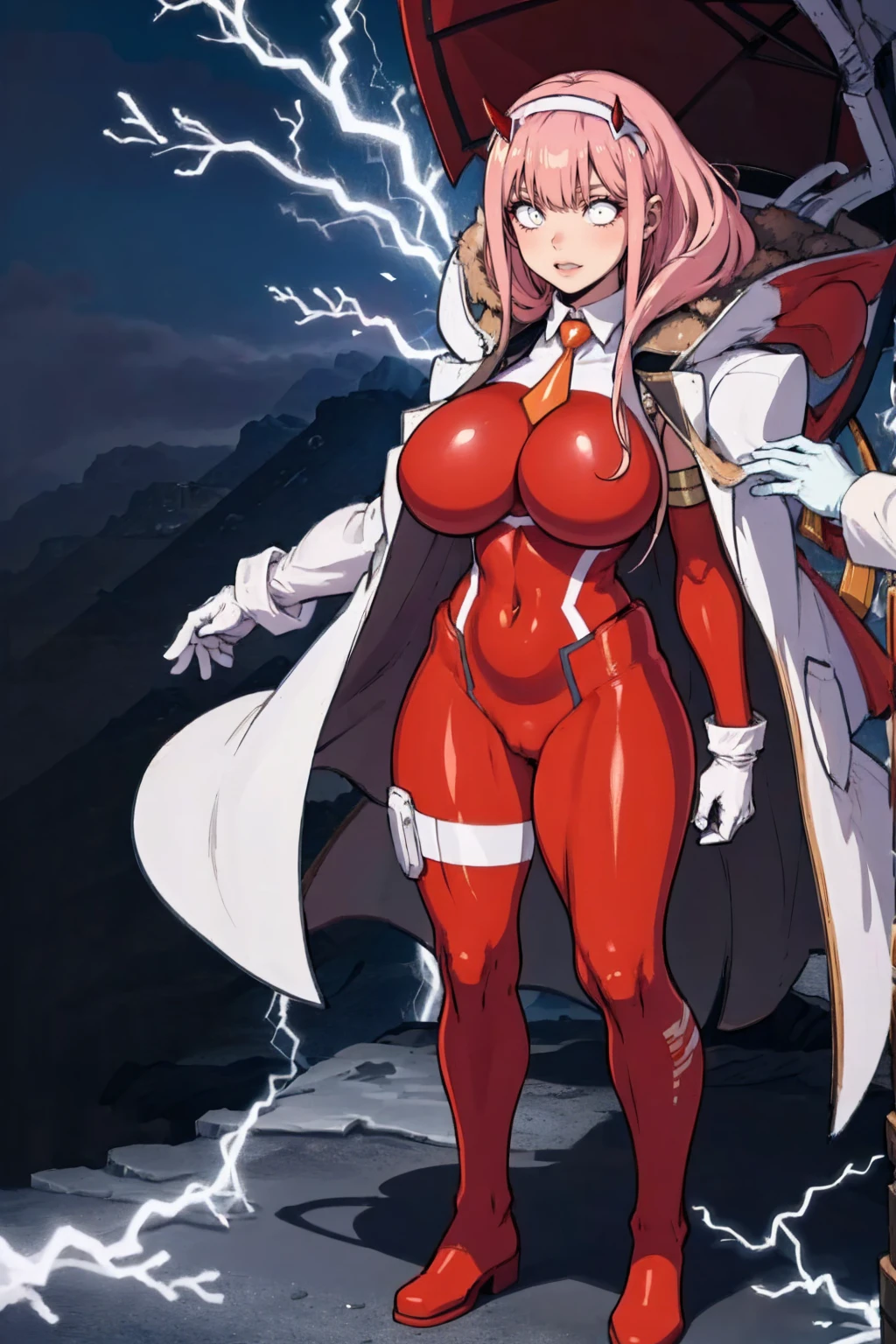 masterpiece, best quality, IncrsLowTier, electricity, glowing eyes zerotwo horns, hairband, necktie, red dress, pantyhose horns, hairband, red bodysuit, armlet, mecha horns, hairband, white bodysuit, white gloves, cap, red dress, white gloves, jacket on shoulders, pantyhose, cyber_armor body_suit,huge_breast, tall female, fulll body, sun light, smile,, sun aura,, boots, standing, smile, lips, red lips,,,{best quality}, {amazing quality} {best quality},{amazing quality},, {absurdres},{{highres}}, {very aesthetic}, {detailed}, curvy, tall, huge breast, character focus, white background,full-length portrait,, huge hips, huge muscles, huge thighs, curvaceous, venus figure,full body, full portrait