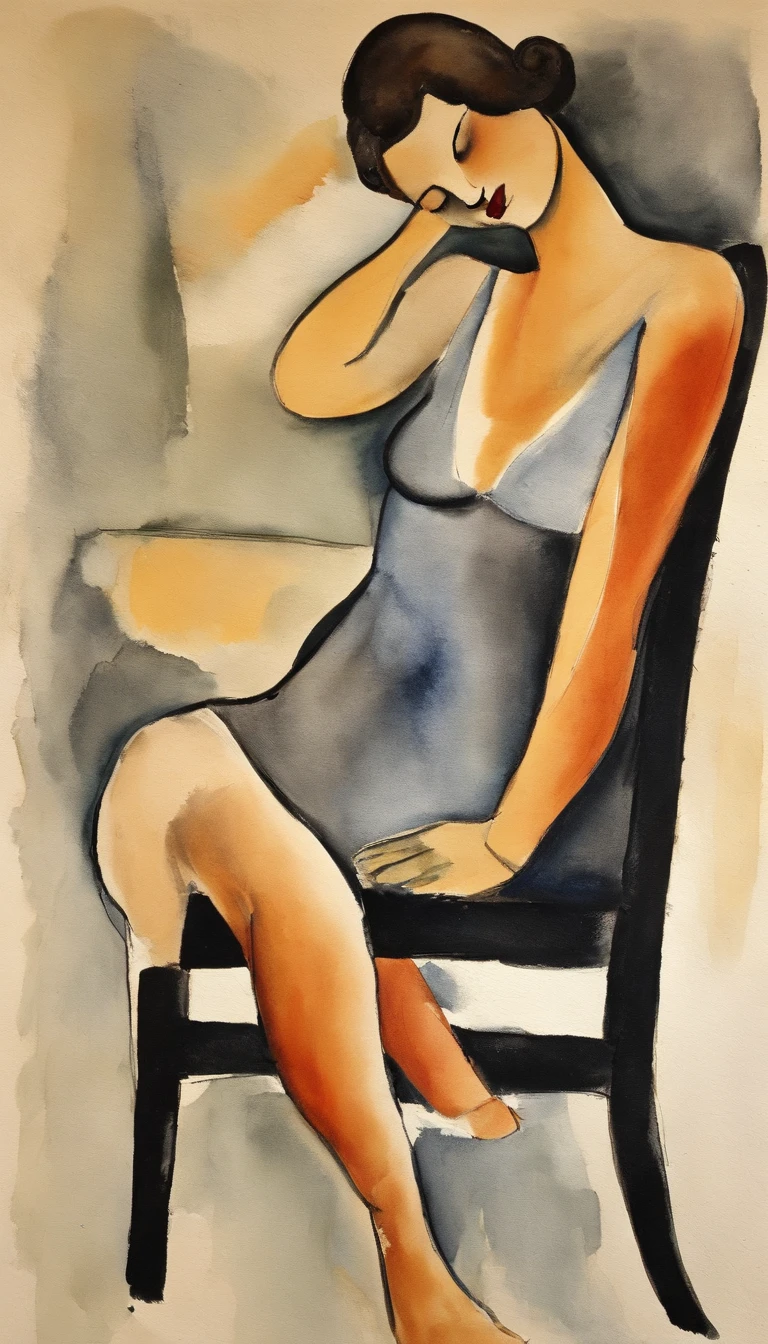 artistic painting in the style of Amedeo Modigliani of a sex worker on a chair with her head tilted and her eyes closed in close-up she has pretty hands and her slender arms are placed on her knees, meditative attitude introspection the lines of the drawing are perfect curves with elegant and simple graphics there is mystery in this presence and great beauty of the model