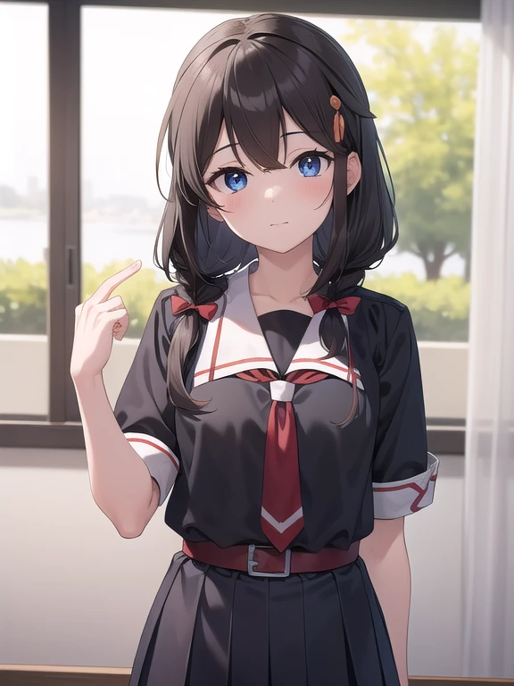 Shigure, Shigure, ahogo, By the chestnut, blue eyes, trenza, adorno para el pelo, pelo sobre el hombro, pelo largo, single trenza, solapas para el cabello,
ROMPER black guantes, serafuku negro, black camisa, black Falda, fingerless guantes, guantes, handkerchief, pleated Falda, red handkerchief, cuello marinero, , serafuku, camisa, Falda, white cuello marinero,
ROMPER looking at viewer, 
ROMPER indoors, aula,
ROMPER (Obra maestra:1.2), mejor calidad, high resolution, fondo de pantalla de unidad 8k, (illustration:0.8), (hermosos ojos detallados:1.6), cara extremadamente detallada, Perfect lighting, CG extremadamente detallado, (manos perfectas, perfect anatomy),