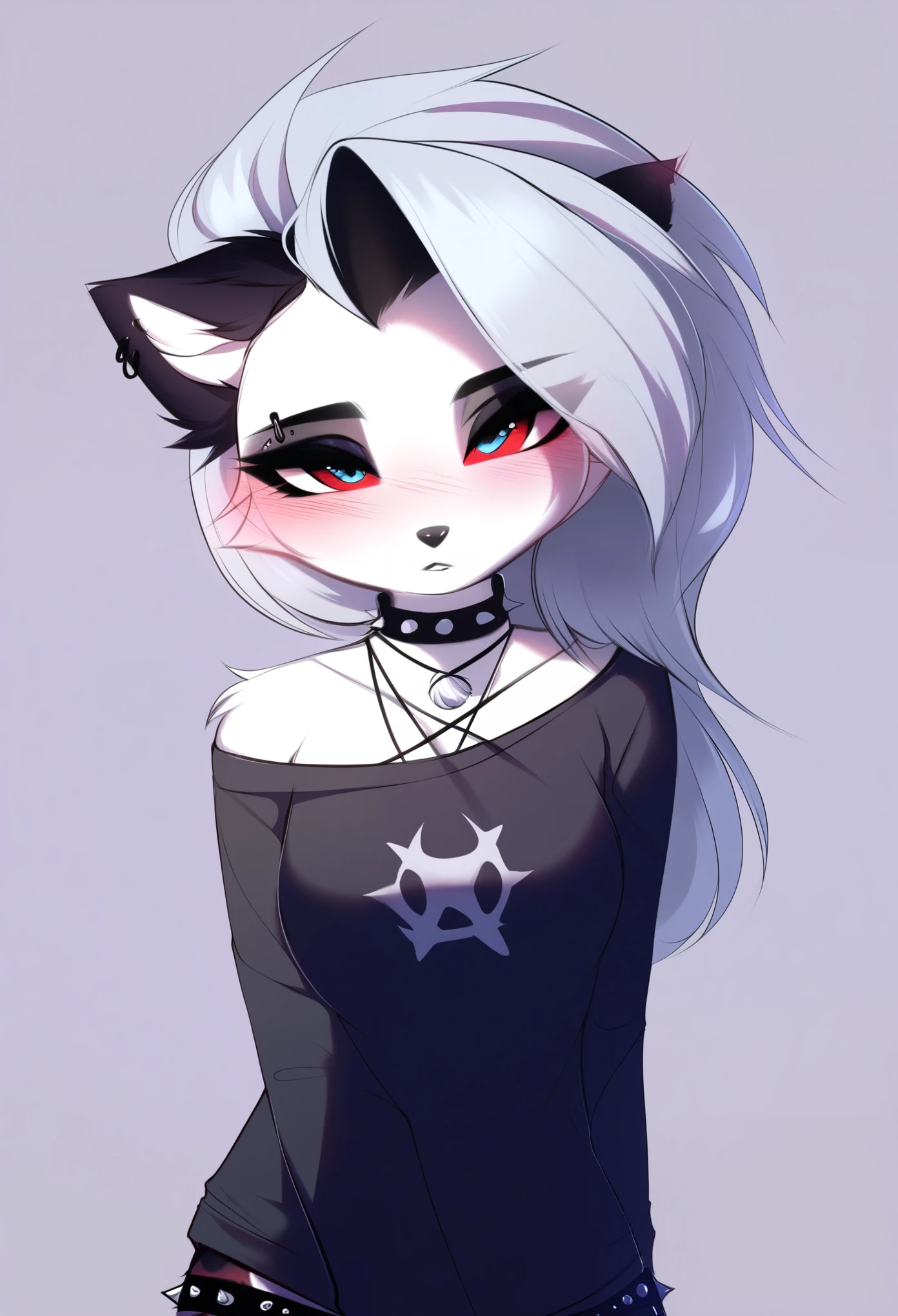 score_9, score_8_up, score_7_up, source_furry, rating_safe, by magnaluna, loona posing seductively in a goth bedroom, anthro, blushing, 