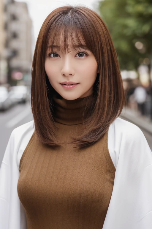 ((highest quality, In 8K, masterpiece:1.3)), Beautiful Japanese Women, Perfect body:1.4, Slim Abs:1.2, ((Medium Hair, Straight Hair:1.2)), (turtleneck:1.1), (Street:1.2), Wet body:1.5, Three-dimensional texture, Detailed eyes, Brown Hair, Very shiny hair, Backward view