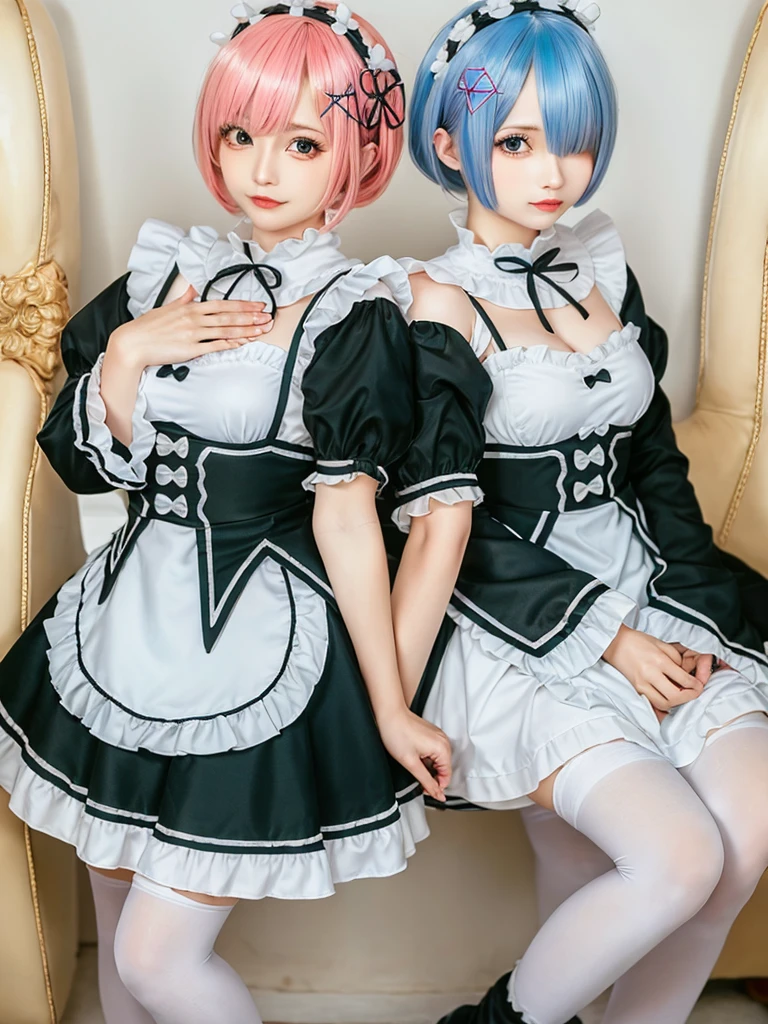 (8K, Photorealistic, Raw photo, of the highest quality: 1.3), (1girl in), Super beautiful, (Realistic face), (boyish, light blue Color Berry Shorthair),(8K, Photorealistic, Raw photo, of the highest quality: 1.3), (1girl in), Super beautiful, (Realistic face), (boyish, pink Color Berry Shorthair), Beautiful , Glare that captivates the viewer, Beautiful expression, Beautiful breasts, (Realistic skin), Be...Create a detailed and colorful image of Ram and Rem from Re:Zero, standing back-to-back in their maid outfits, with a magical fantasy background、14years old, two girls,cute, perfect face, beautiful, nice body, gothic lolita clothes, gothic lolita fashion, frilly skirt, headdress, necklace, bracelet, knee-high socks, boots, double eyelids, tear bags, Detailed down to the fingers, photo-like description, indoors, dim indoor lighting, one girl is pink hair and short bob, another girl is light blue hair and short bob,standing, whole body, composition that shows the whole body, smiling,The Both of them are wearing the same type of maid outfit