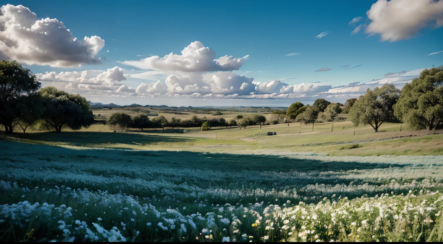 Campo com flores desabrochando, showing a very blue sky with white clouds