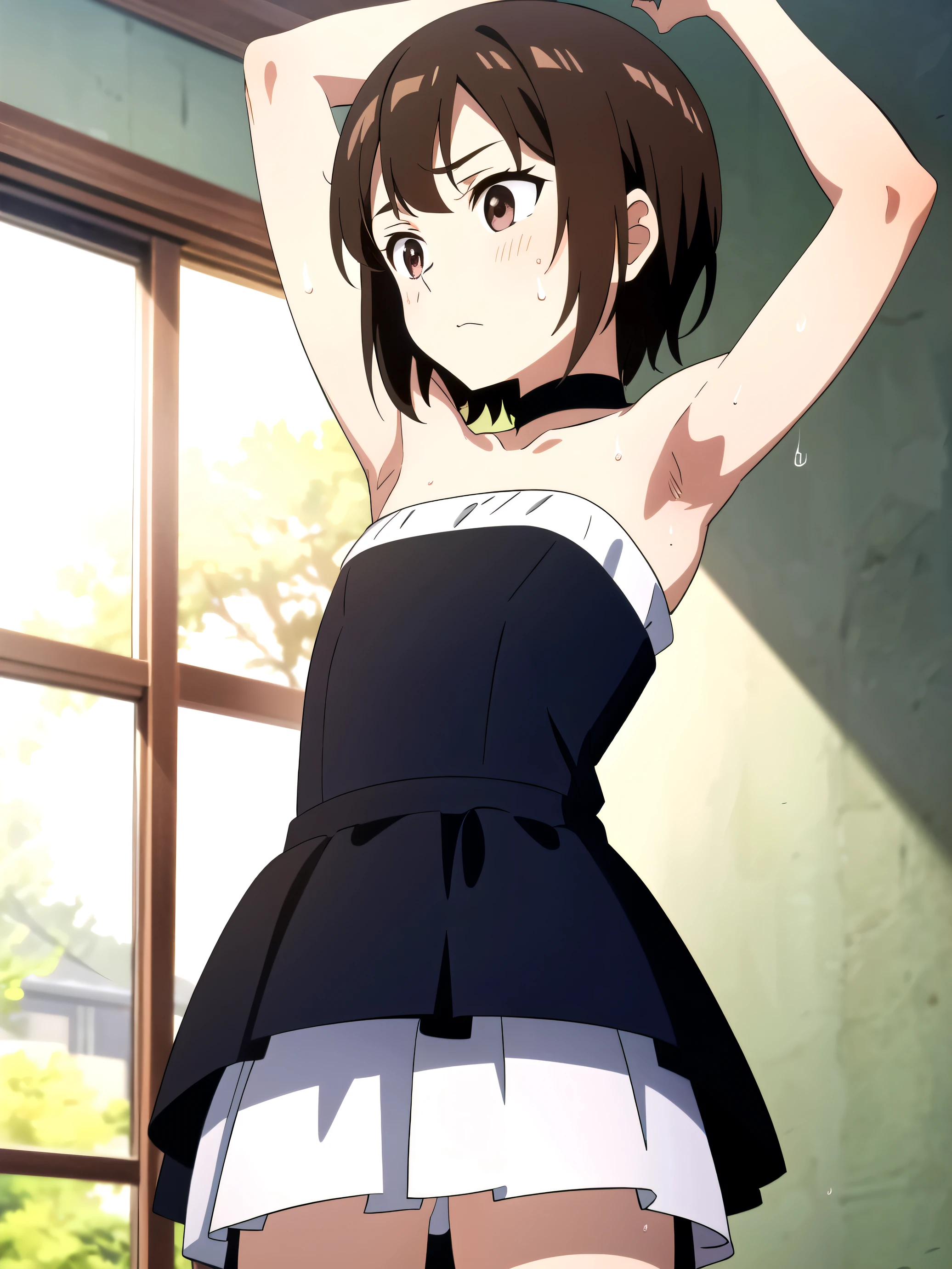 Highres, Masterpiece, Best quality at best,Best Quality,hight quality, hight detailed, 1boy, Brown hair, Side bangs, Shota, Sweat, Strapless dress, Mini skirt, Depth of field, Anime Screencap Style, thin line, Seen from front, Little sweat, Cute boy, (Showing armpit:1.3), (very small and short stature), (very young boy), 12-year-old boys, Blurry beckground