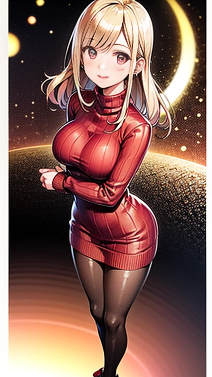 ((highest quality)), ((masterpiece)), (detailed), (Character Focus、breast focus), (One Girl: 1.5)、4k、((Symmetrical facial features)), Anime 2D Rendering, Realistic young anime woman,
Perfect Face, (Anime eyes:1.2、Beautiful fine details、Shining Eyes), Beautiful body, Beautiful thighs, Beautiful feet, (White beautiful skin:1.5)、Perfect round butt、 Slightly larger breasts、20-year-old、
Blonde、(Curly Up Hair)、dark red eyes、Earrings、Gold Necklace、
((Red sleeveless high neck sweater dress:1.4)、Black Pantyhose、High heels)、
Captivating smile、turn around、