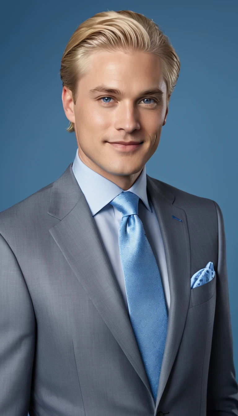 The image is a digital portrait of a man with blond hair and fair skin, wearing a finely detailed gray suit paired with a light blue shirt and blue tie. His appearance suggests meticulous grooming, from his hairstyle to his teeth, exuding a polished, refined look. He is shown with a slight smile and attentive eyes, focusing slightly to the left of the viewer, giving him an approachable yet sharp attitude. The man appears ready for an important event, indicated by the elegant attire that includes a pocket handkerchief, and the background is a deep blue that harmonizes with his tie and overall color palette... The portrait conveys an air of quiet elegance and professionalism.