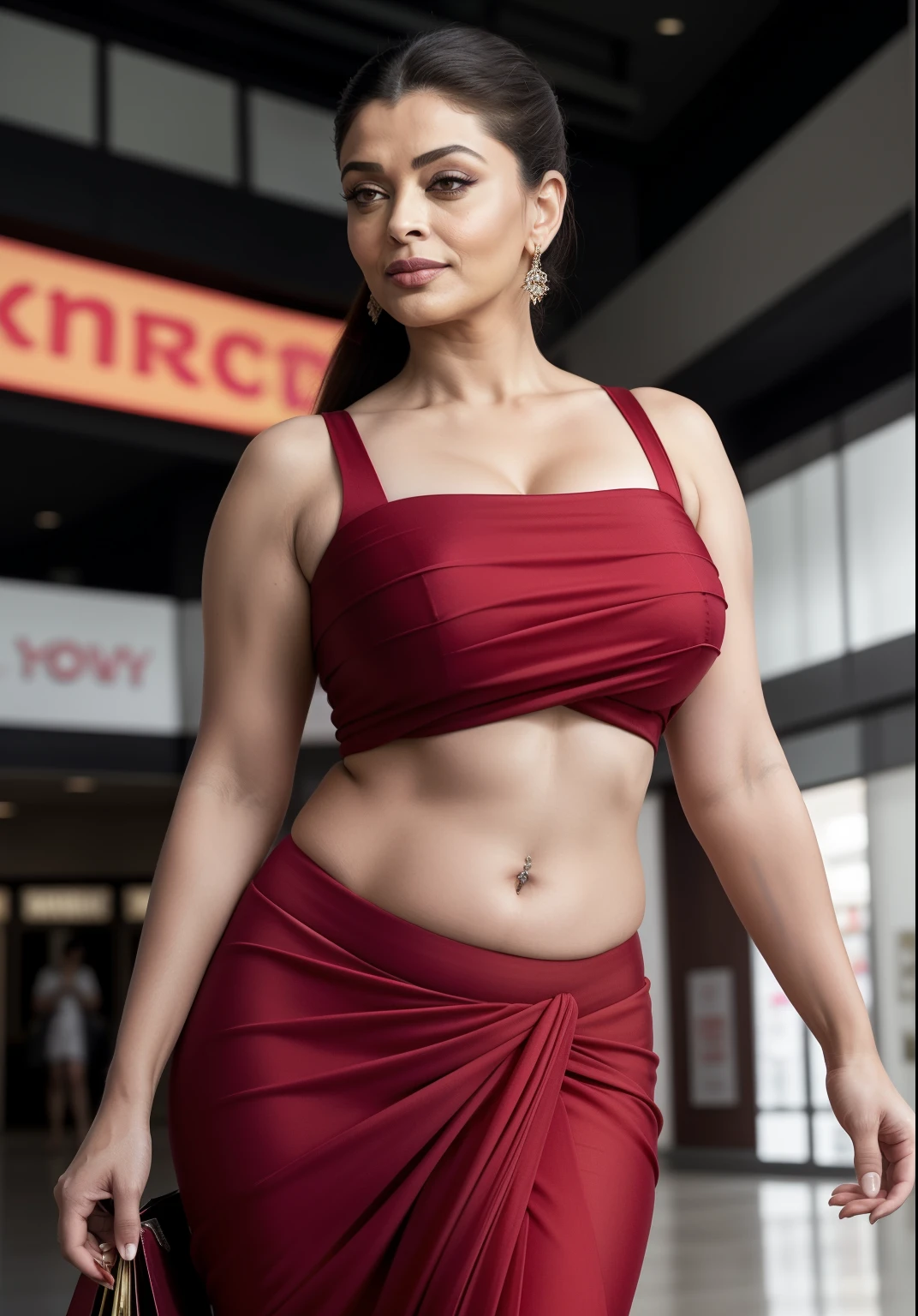 50yo mature MILF Aishwarya Rai as SEXY SUPER MODEL, wearing BRIGHT red PLAIN saree with MINI string blouse, belly and navel showing, ((ponytail hair)), mature athletic curvaceous milf body, ((posing in shopping mall)), hourglass milf figure, medium breasts with massive cleavage, (((seductive expression))) on her face, look straight at camera and ((wink)), soft volumetric lights, intricate details, (ArtStation:1.2)