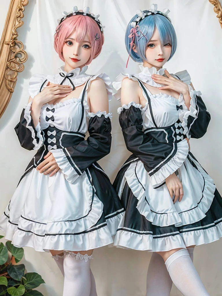 (8K, Photorealistic, Raw photo, of the highest quality: 1.3), (1girl in), Super beautiful, (Realistic face), (boyish, light blue Color Berry Shorthair),(8K, Photorealistic, Raw photo, of the highest quality: 1.3), (1girl in), Super beautiful, (Realistic face), (boyish, pink Color Berry Shorthair), Beautiful , Glare that captivates the viewer, Beautiful expression, Beautiful breasts, (Realistic skin), Be...Create a detailed and colorful image of Ram and Rem from Re:Zero, standing back-to-back in their maid outfits, with a magical fantasy background、14years old, two girls,cute, perfect face, beautiful, nice body, gothic lolita clothes, gothic lolita fashion, frilly skirt, headdress, necklace, bracelet, knee-high socks, boots, double eyelids, tear bags, Detailed down to the fingers, photo-like description, indoors, dim indoor lighting, one girl is pink hair and short bob, another girl is light blue hair and short bob,standing, whole body, composition that shows the whole body, smiling,The Both of them are wearing the same type of maid outfit