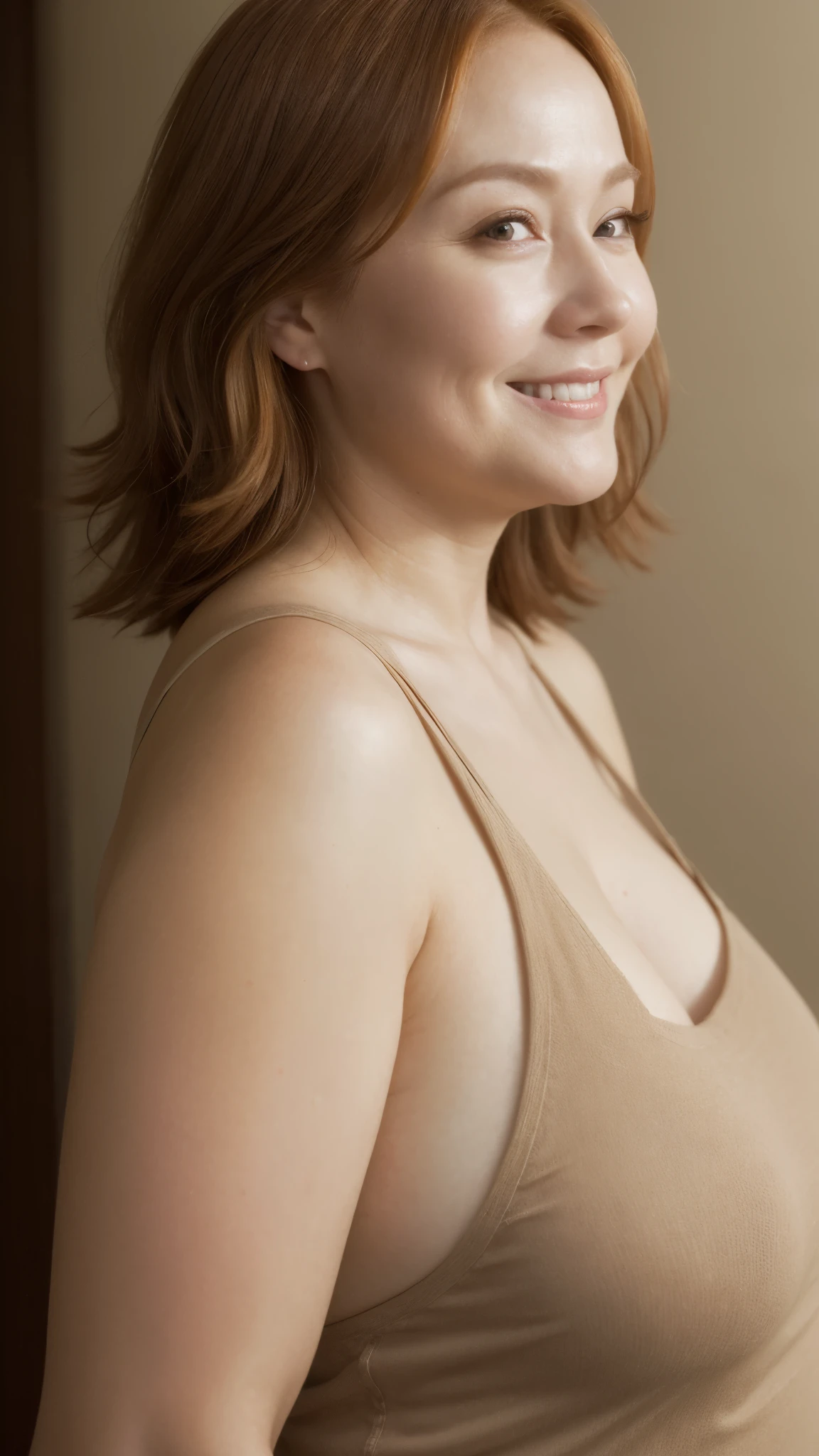 Nordic Face, Looks like Julianne Moore, Highly detailed CG Unity 8k wallpaper, top quality, super detailed, masterpiece, realistic, photo realistic, very detailed cute girl, 45 years old, ((chubby lady:1.3)) , (plump lady:1.3) , large breasts , cleavage , round eyes, viewer, smile, parted lips, half body shot , naked apron , kitchen , bangs , shoot from the side