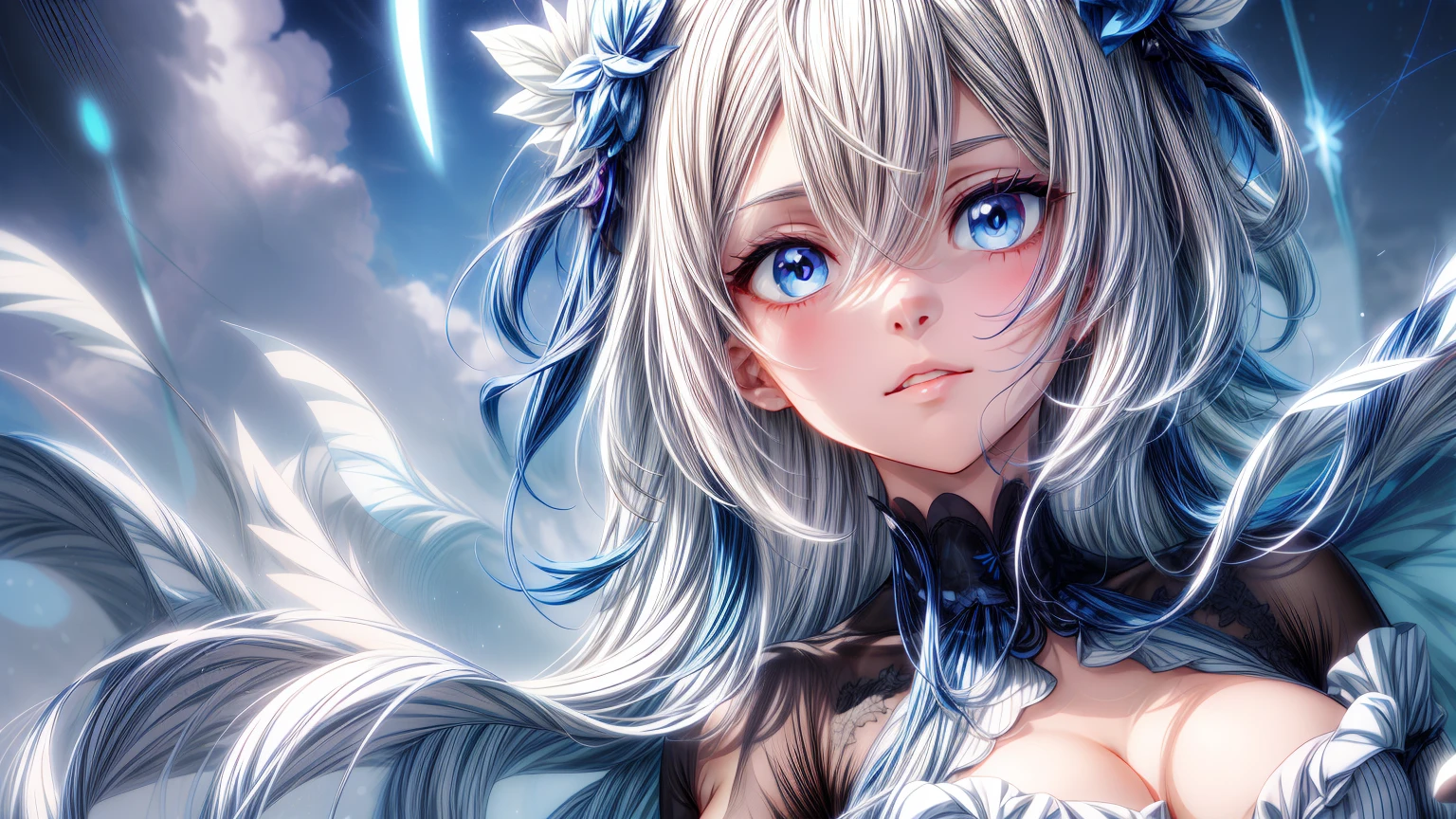 Chica anime con cabello blanco y ojos azules con un vestido azul., detailed arte animado digital, arte de anime detallado, arte de anime detalladowork, estilo anime 4k, retrato, caballeros del zodiaco, , deidad de pelo blanco, arte detallado del personaje de anime, Fondo de pantalla de arte anime 4K, Fondo de pantalla de arte anime 4k, retrato detallado de chica anime, arte animado digital, arte de anime clave detallado