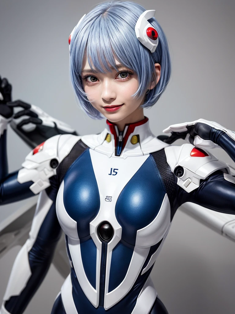 Masterpiece, highest quality, 8K, detailed skin texture, fine cloth texture, beautiful detailed face, intricate details, super detailed, portrait of Rei Ayanami, blue hair, red eyes, looking far away, no background, Evangelion Wearing a plug suit when riding, plug suit, whole body visible, standing, arms crossed, , beautiful, cute, great style, smiling,composition that shows the whole body,