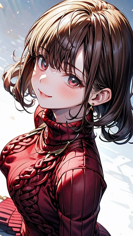 ((highest quality)), ((masterpiece)), (detailed), (Character Focus、breast focus), (One Girl: 1.5)、4k、((Symmetrical facial features)), Anime 2D Rendering, Realistic young anime woman,
Perfect Face, (Anime eyes:1.2、Beautiful fine details、Shining Eyes), Beautiful body, Beautiful thighs, Beautiful feet, (White beautiful skin:1.5)、Perfect round butt、 Slightly larger breasts、20-year-old、
Blonde、(Curly Up Hair)、dark red eyes、Earrings、Gold Necklace、
((Red sleeveless high neck sweater dress:1.4)、Black Pantyhose、High heels)、
Captivating smile、turn around、