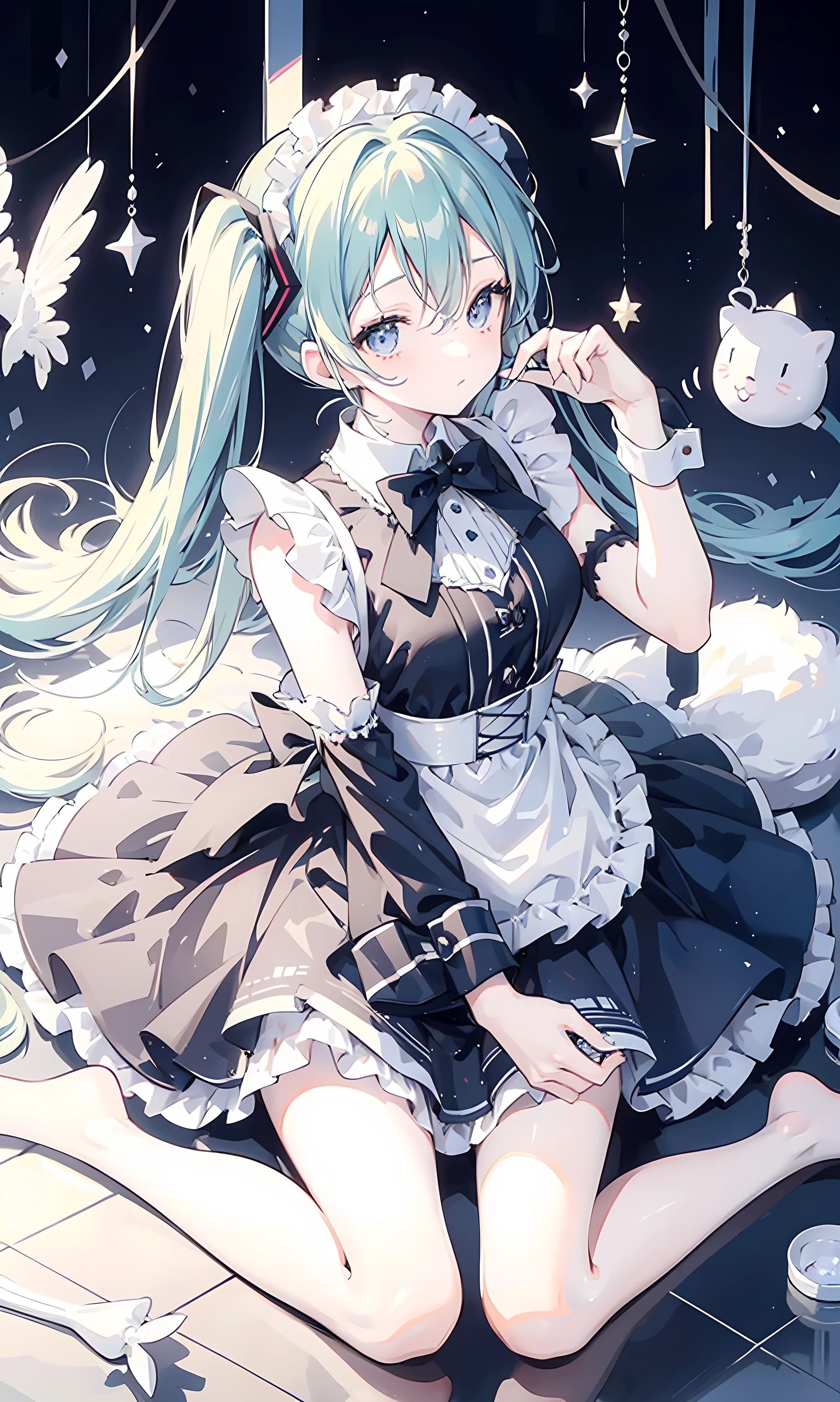 Hatsune Miku, young girl, Black and white maid dress，Kneeling，Looking up