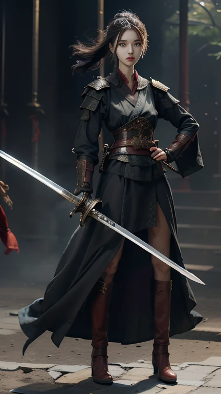 masterpiece,The best quality at its best,Photorealistic,One girl,With sword,Tall and tall,Physically slim,Heroic look,Full body photo,