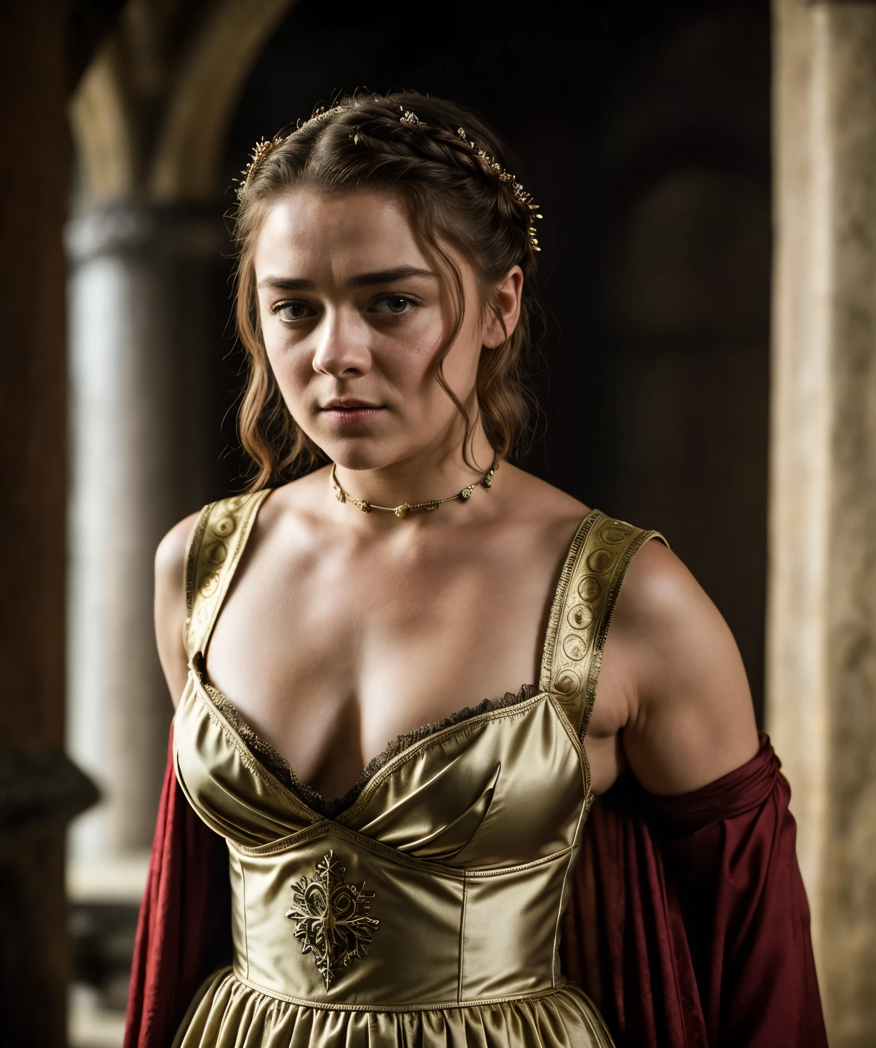 Foto RAW, Arya Stark, Extremely gorgeous lady, Arya Stark PLAYED BY MAISIE WILLIAMS, Queen Arya Stark, she a mature woman now, milf, sexy mediaeval battle dress, gladiator woman, body, 40 years old Woman, body revealing costumes, perky breast, big natural breast, erotic costumes, lusty physique, seductive figure can capture every people's attention, Game of thrones costumes, revealing captivating figure, Mediaeval costumes, revealing clothes, A tomboy, she would rather fence than dance, warrior queen , game of thrones screen caps, Game of Thrones Series, (pele altamente detalhada: 1.2), 8k UHD, DSLR, soft-lighting, alta qualidade, grain of film, Fujifilm XT3, flawless picture, highly detailed, detailed Beauty, intricate, 32k, sharp picture,