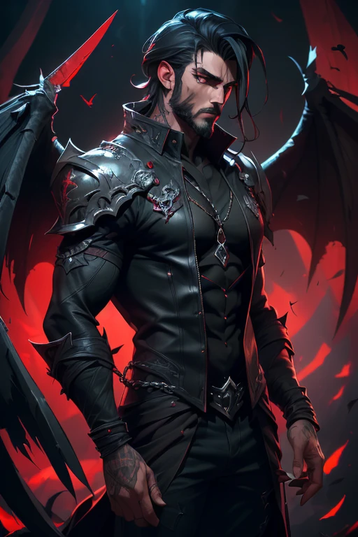 (8k, RAW photo, photorealistic:1.25) ,((handsome and mysterious grown man))dark presence, red theme, strong body, tattered jet black wings, demon lord vibes, overlord vibes, (tattered clothes), dark mana eminating from his body)