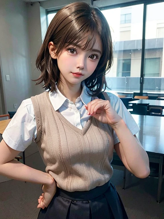 Masterpiece, Top Quality, Top Mikoto, brown eyes, short hair, small breasts, looking at viewer, alone, closed mouth, collared shirt, beige knit vest, dark blue Skirt, school_uniform, shirt, white_shirt, classroom,Masterpiece, highest quality, 8K, detailed skin texture, fine cloth texture, beautiful detailed face, intricate details, super detailed,cute,cute posing,composition that shows the whole body,