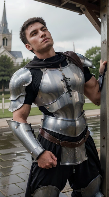 A young christian knight man doing hard calisthenic strict pullups in the rain with a bar infront of a Catholic hurch, preparing himself mentaly an physically to defend his faith in the war that'll be soon, he is just wearing the middle lower body part of his armor, and he is not waering anything in the upper middle of his body