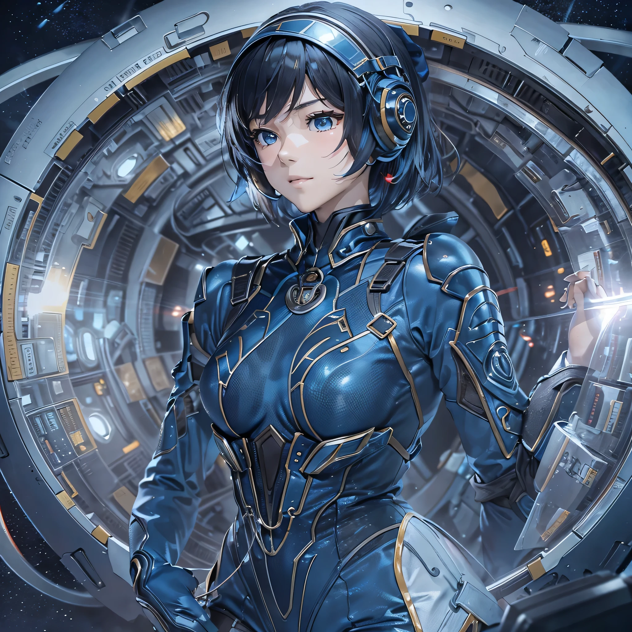 (masterpiece、highest quality、Highest Resolution、Clear_image、Detailed details、Angle from above): (Whole body、One 20 year old girl、Japanese Faces、Small Face、Slender、Navy blue super short bob cut hair、(Hidden small breasts:1.3)、Sparkling blue eyes、Shiny pilot suit in blue and black colors、Chest protection armor、Tight fitting clothes、Clothing that covers the whole body、Glamorous clothes、Tight Fit Pants、Hide your skin、Very delicate and beautiful、Detailed Skin、hide thighs、Hide your ass、Cute、A gentle smile、Soft expression、heroine、headset、Knee-high boots、Elbow-length gloves、Eye Level Shot、Face directly、Woman on a spaceship)