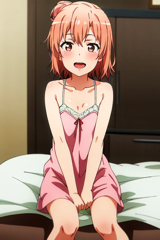 ((highest quality)), ((masterpiece)), (be familiar with), Perfect Face, indoor, Bedroom, Watching the audience,
One woman, Yuigahama Yui,
Open Mouth, Ecstatic expression, blush, smile,
Small breasts, Flat Chest, Young Girl, , , Girl,
Short Hair, Salmon-colored hair, Salmon-colored eyes, Side Pony,
Leg spread,