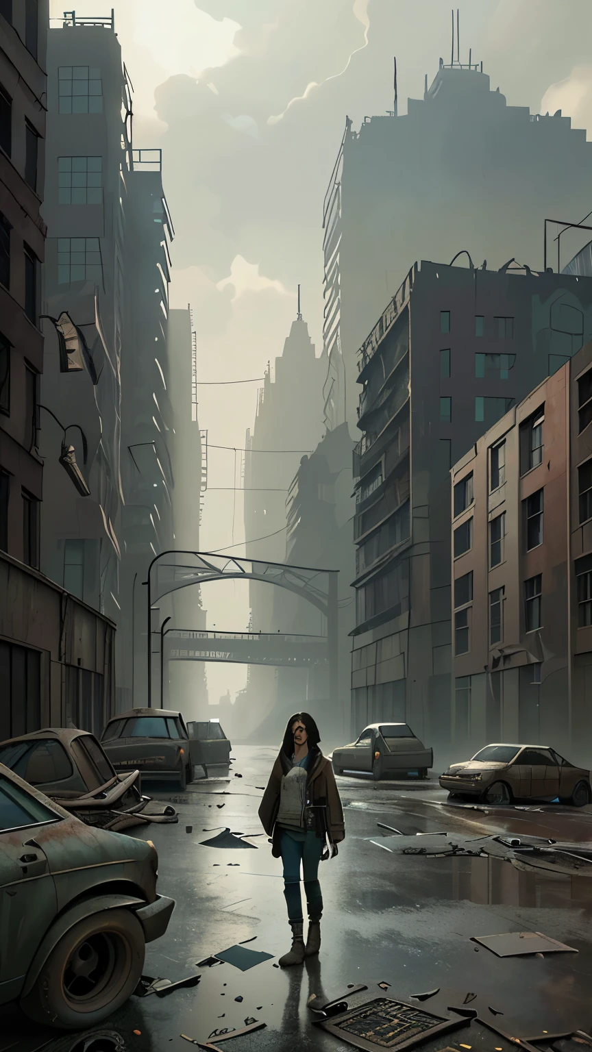 Foto hiperrealista en primer plano de Kelsey Asbille, masterpiece, best quality, (photorealistic:1.4), Create dystopian masterpieces. Depict the cityscape in the gritty style of the game's concept art. This work should evoke a sense of abandonment and despair in a futuristic, post-apocalyptic world. Notice the intricacies of detail, the sharp focus.